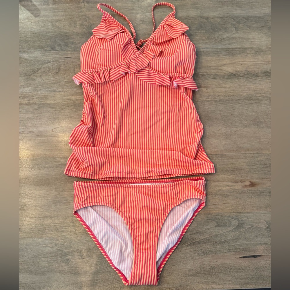 Ruffle Front Maternity Tankini Swimsuit - Pink Stripe
